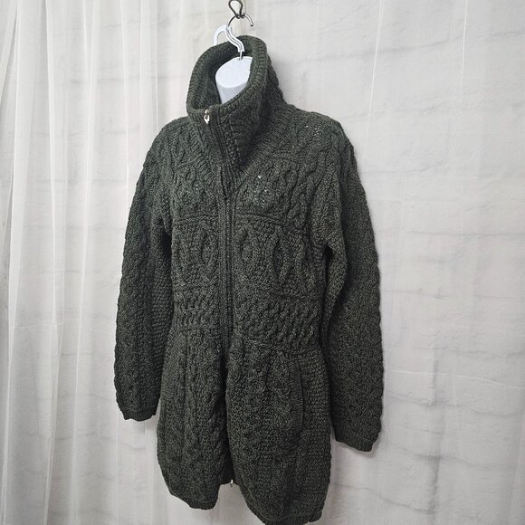 Aran Sweater Market Green Wool Cardigan Preppy Cabin Winter Irish S - Picture 6 of 12